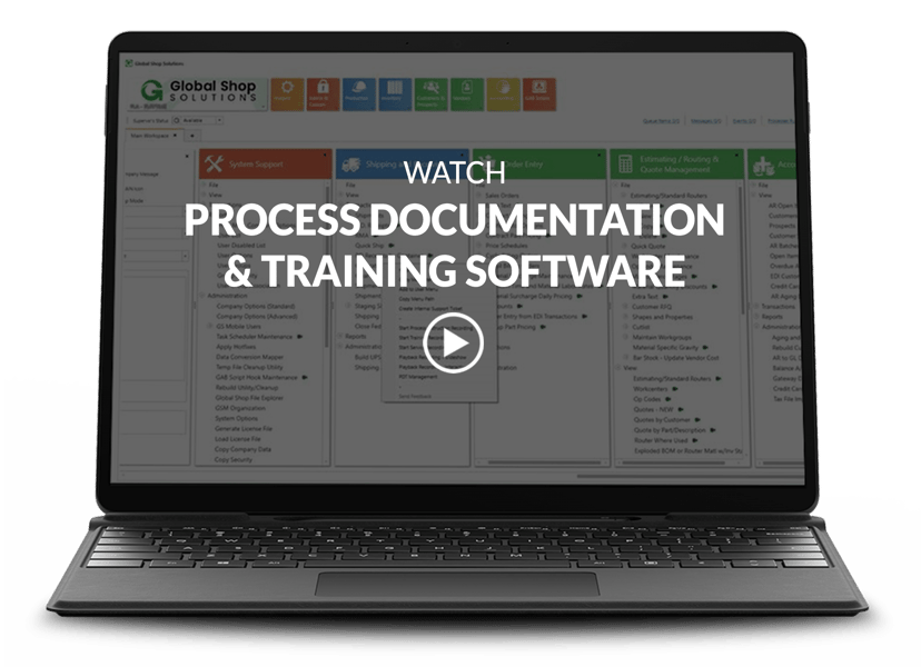 Laptop showing Process and Documentation Training software screen with video title and play button on top