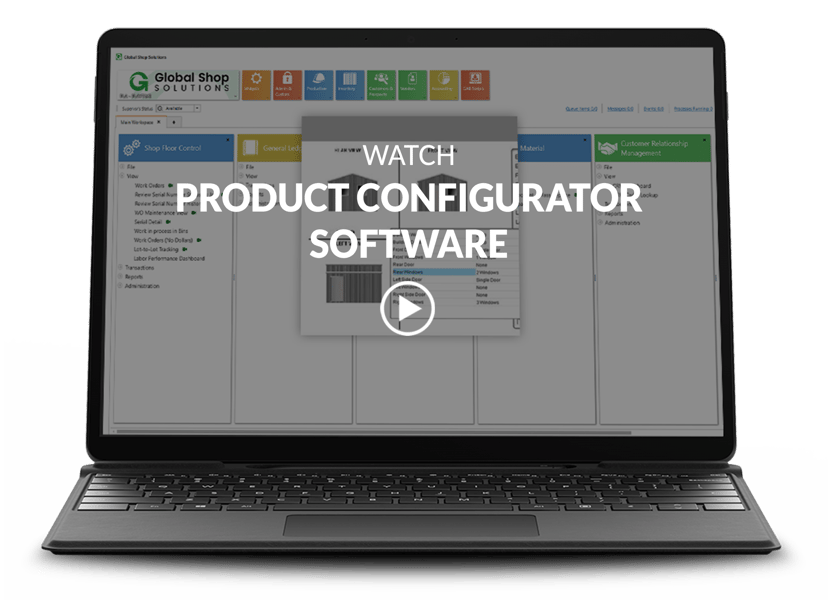 laptop showing product configurator screen with video title and play button overlay