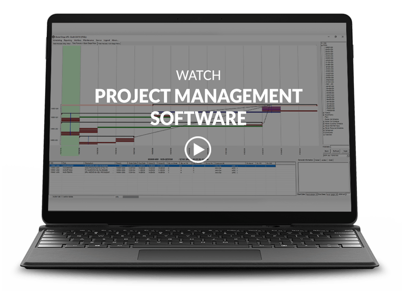 laptop showing Project Management screen with video title and play button overlay