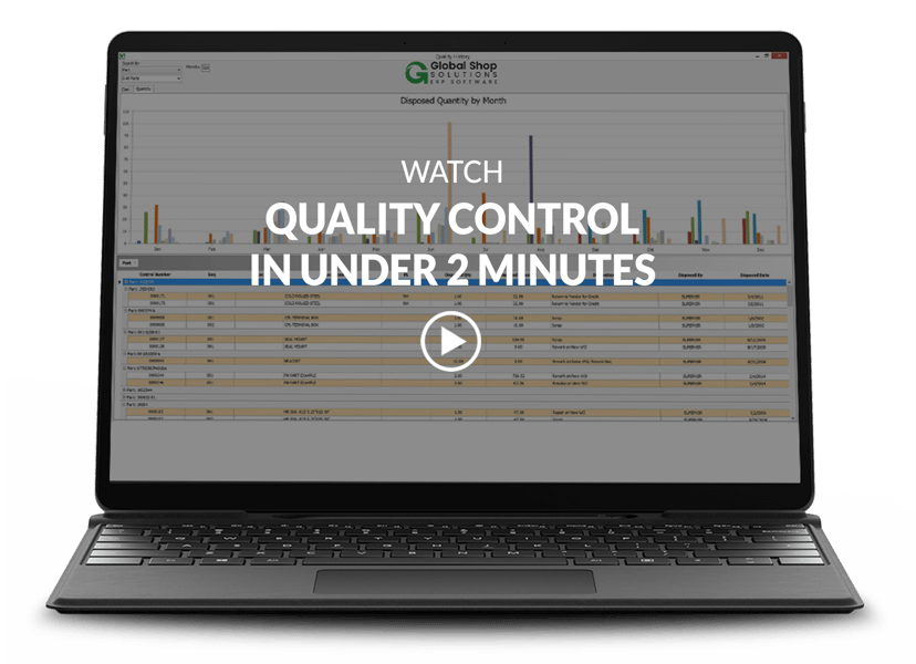 laptop with Quality Control Software screen along with video title and play button on top