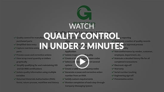 Video screenshot along with the text Quality Control in Under 2 Minutes and a play button on top
