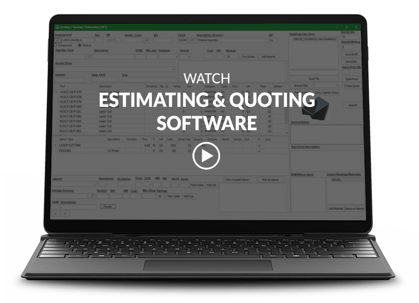 laptop with an ERP Estimating & Quoting screen on it along with the video title and a play button overlay