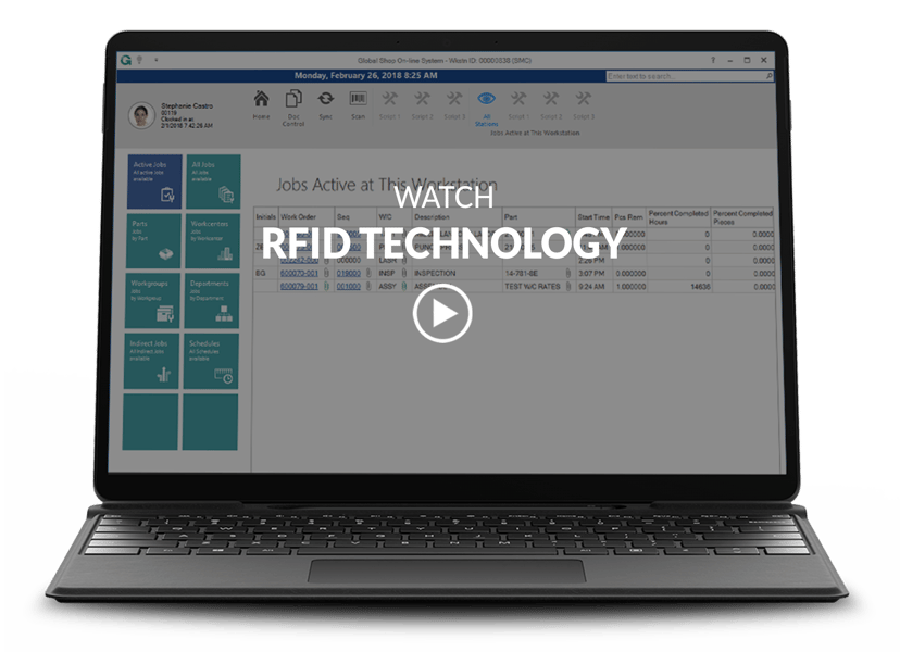laptop showing RFID technology screen with video title and play button overlay