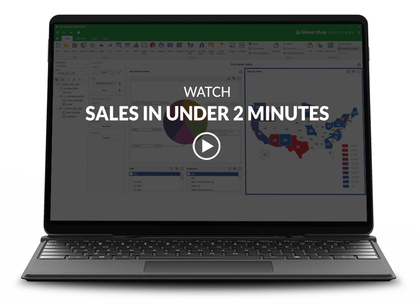 laptop showing sales dashboard screen with video title and play button overlay