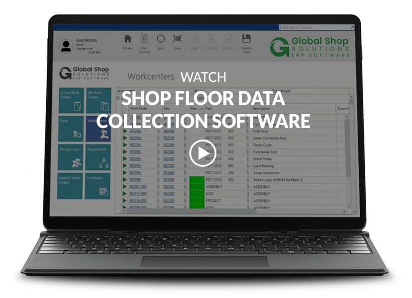 Laptop showing an ERP Shop Floor Data Collection screen with video title and play button on top