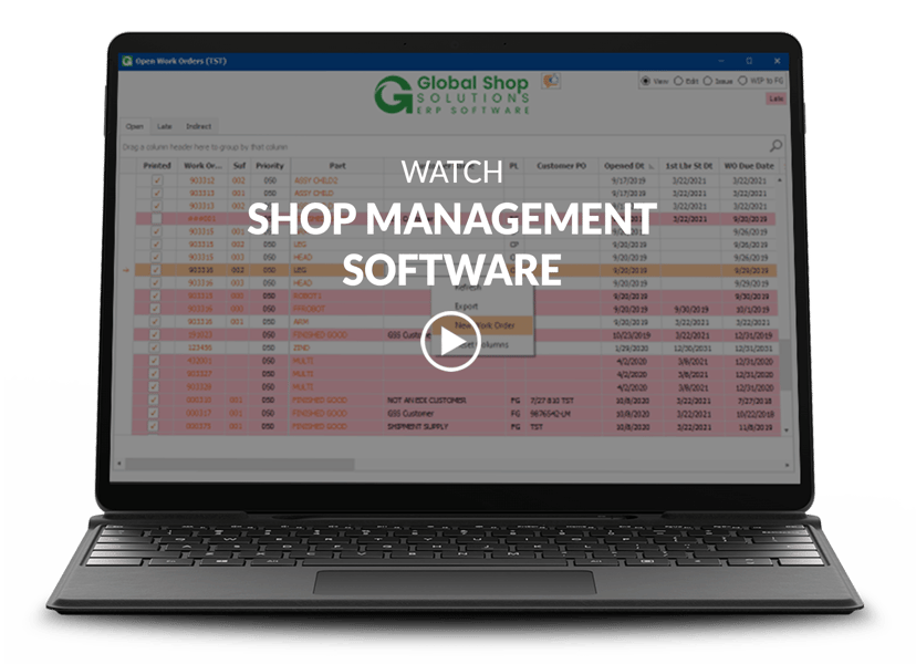 Shop Management software on a laptop with a video title and play button on top
