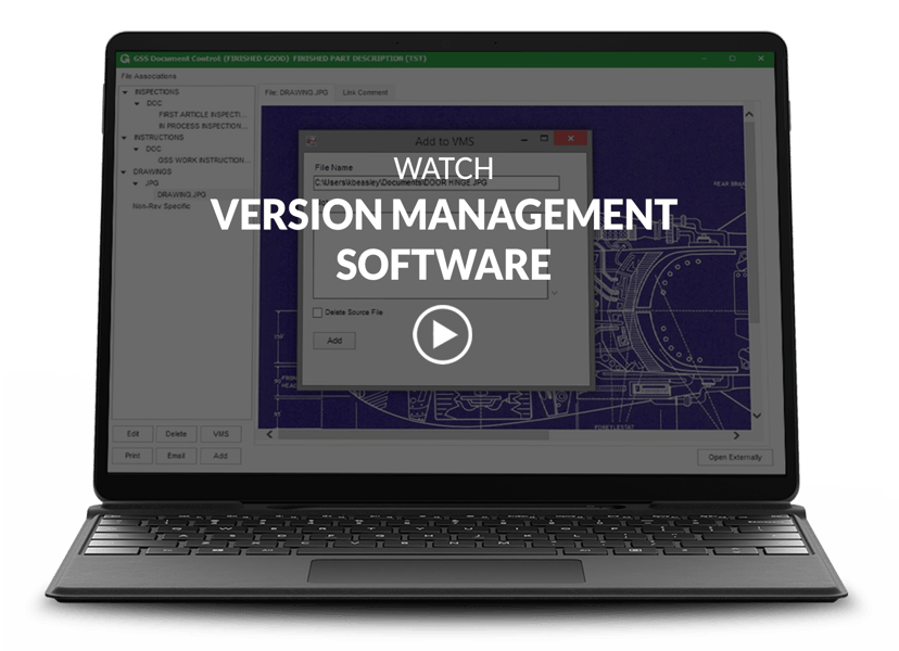 laptop showing version management screen with video title and play button overlay