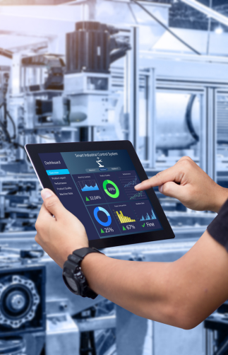 Manufacturer looking at data dashboard
