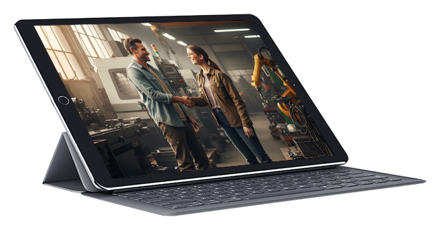 Two manufacturers shaking hands on a shop floor