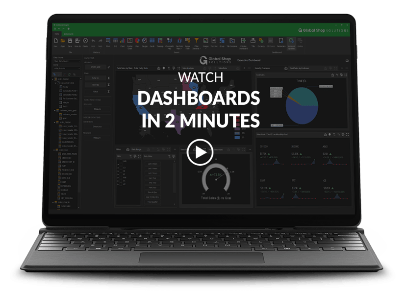 laptop with Dashboard on the screen along with video text and play button on top