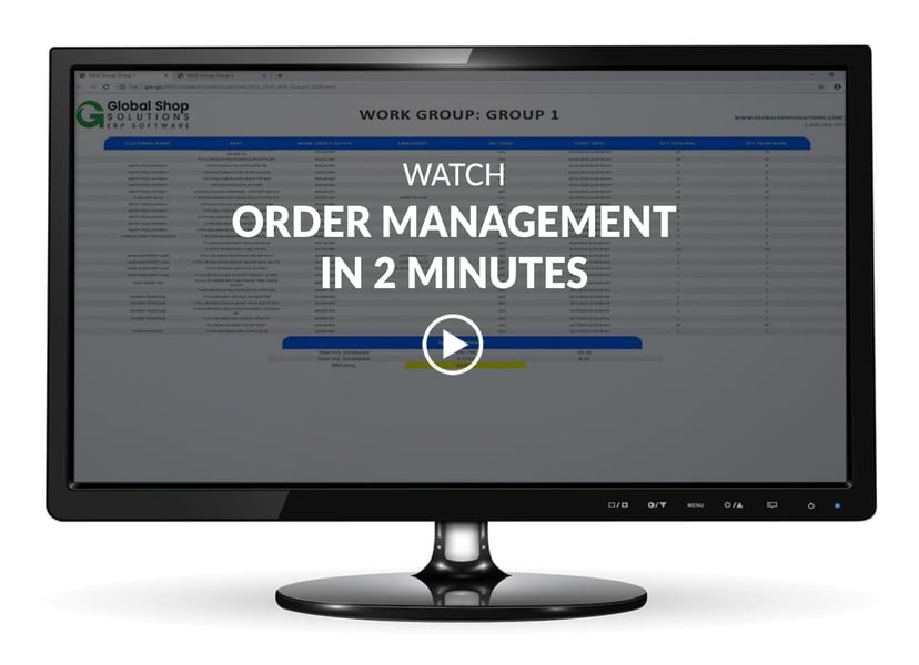 computer monitor showing order management screen with video title and play button overlay